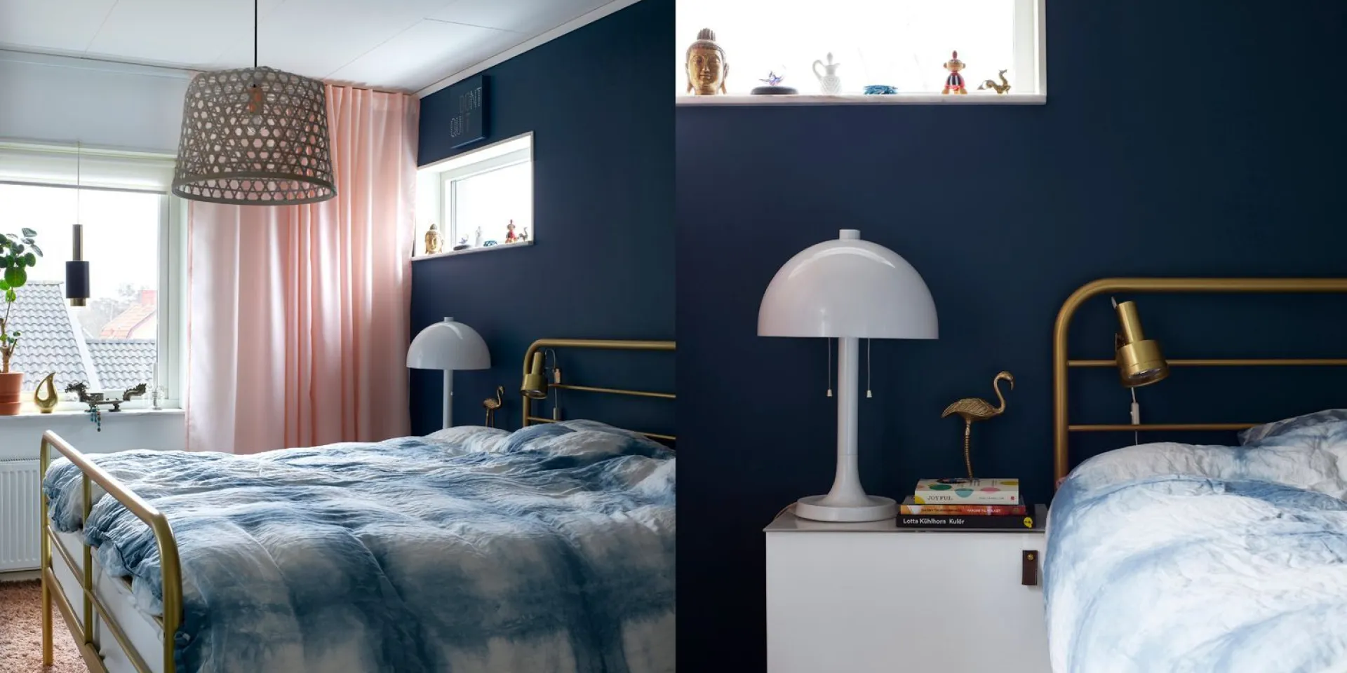 Sovrummet är målat i kulören smoking med sängen i guld metallic