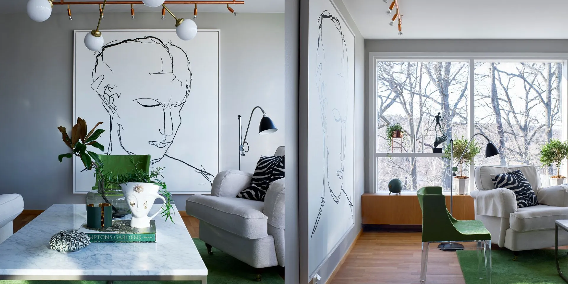 Alcros Drivved på väggarna i vardagsrummet, snickerier och tak i Fjäder.