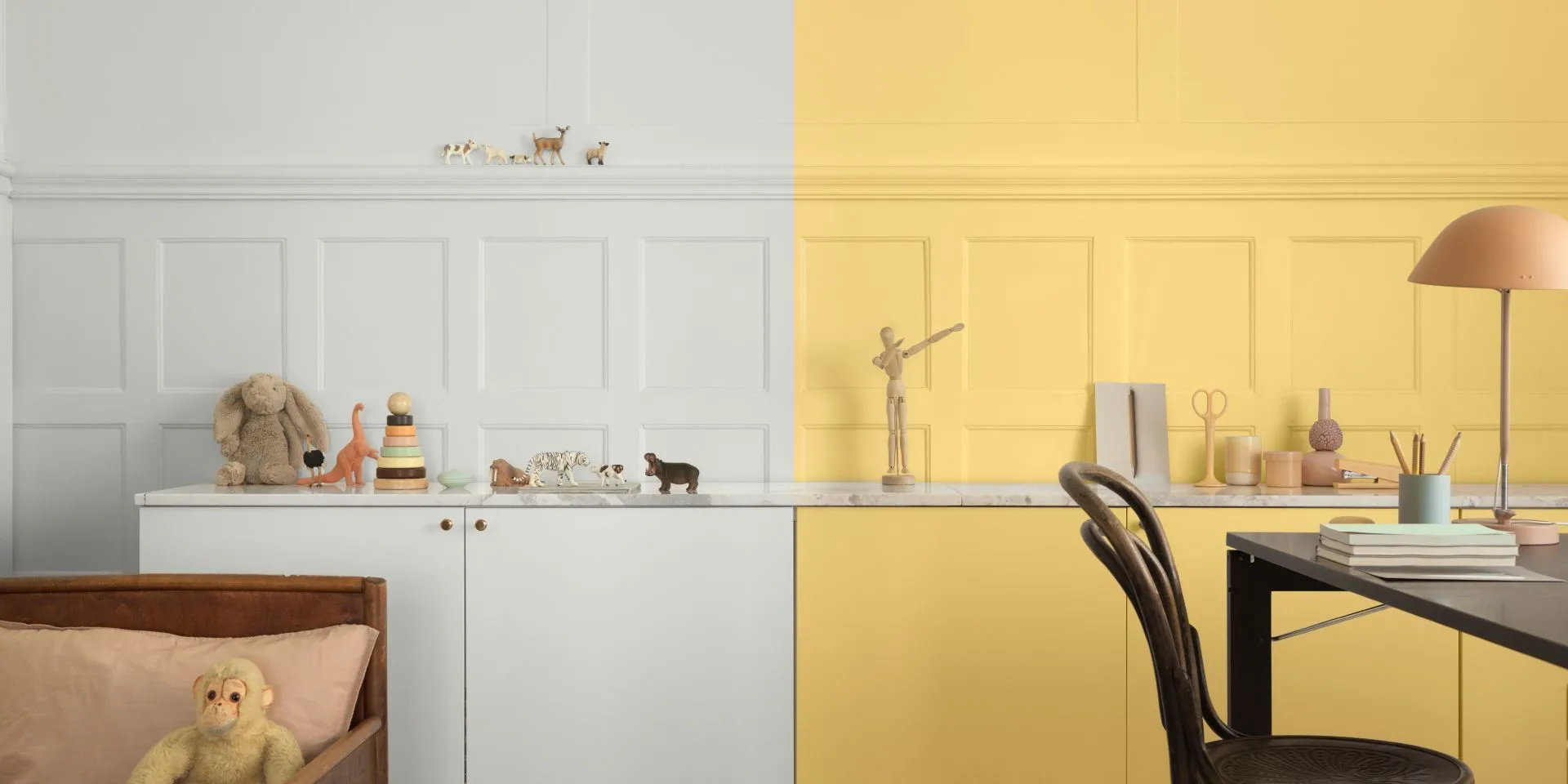 Olika kulörer ger olika intryck, vägg och snickerier målade i silverpil och fevik