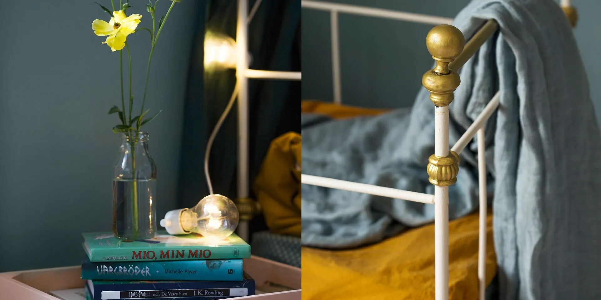 I barnrummet är boklådan målad i Balett snickerifärg, sängen i Creme Satin och detaljer i Mässing Metallic