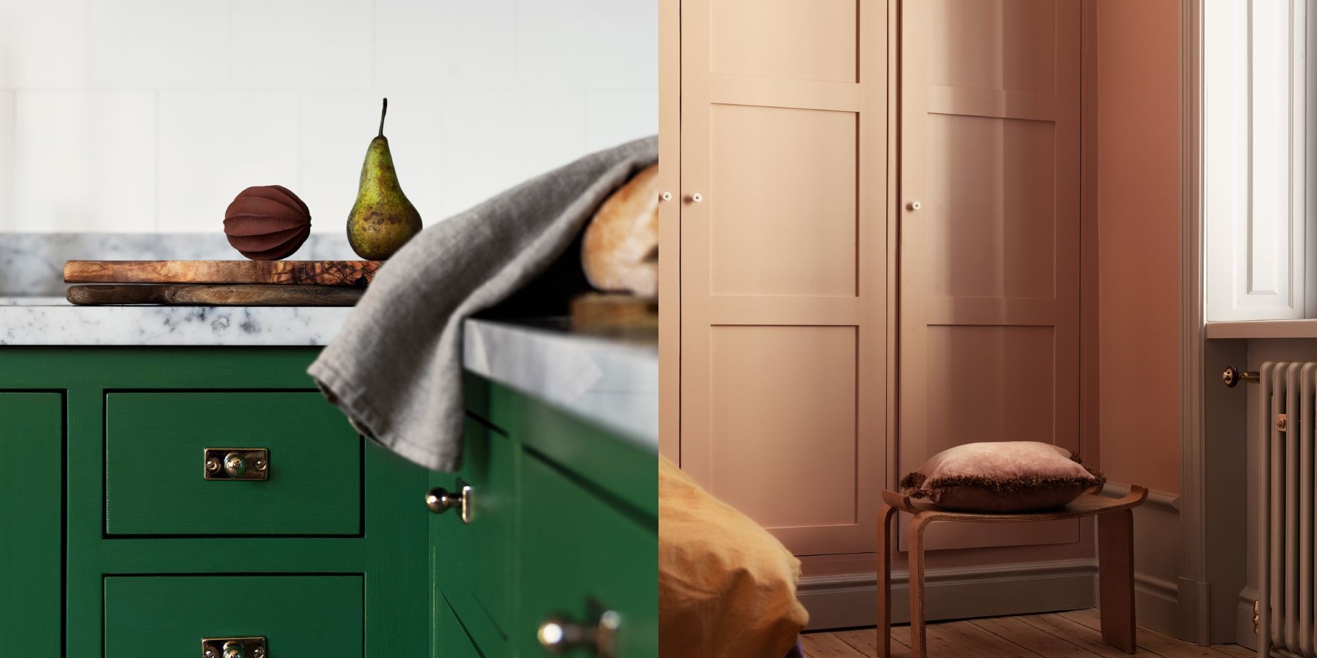 Detaljer hemma med ett kök målat i den grönt och platsbyggd garderob i kulören Old Rose