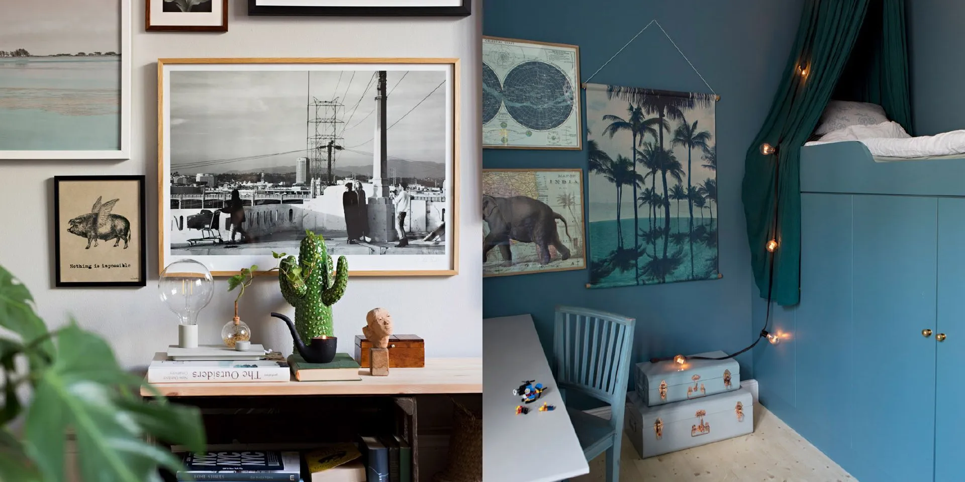 Två detaljbilder på tavelväggen och barnrummet som är målad i kulören Mortel och snickerier i Södermannagatan