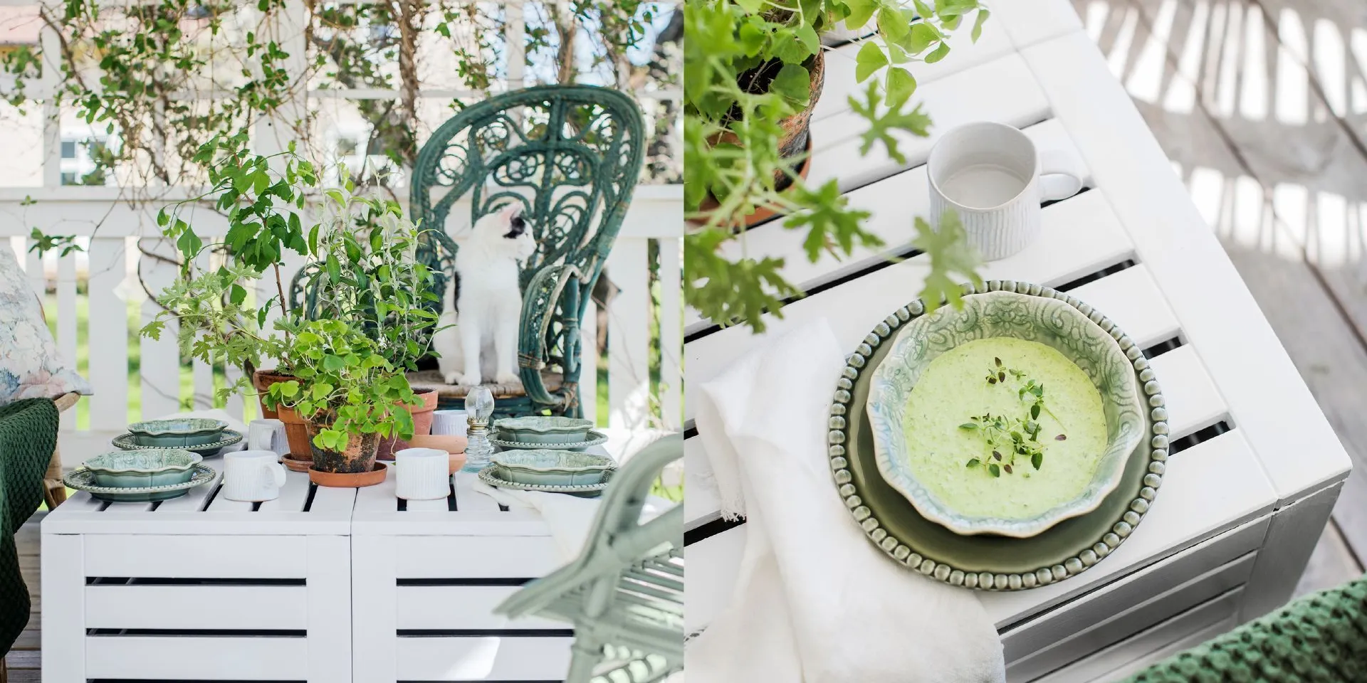 Väck altanen med målade utemöbler, här målad i klorofyll, vit och givakt