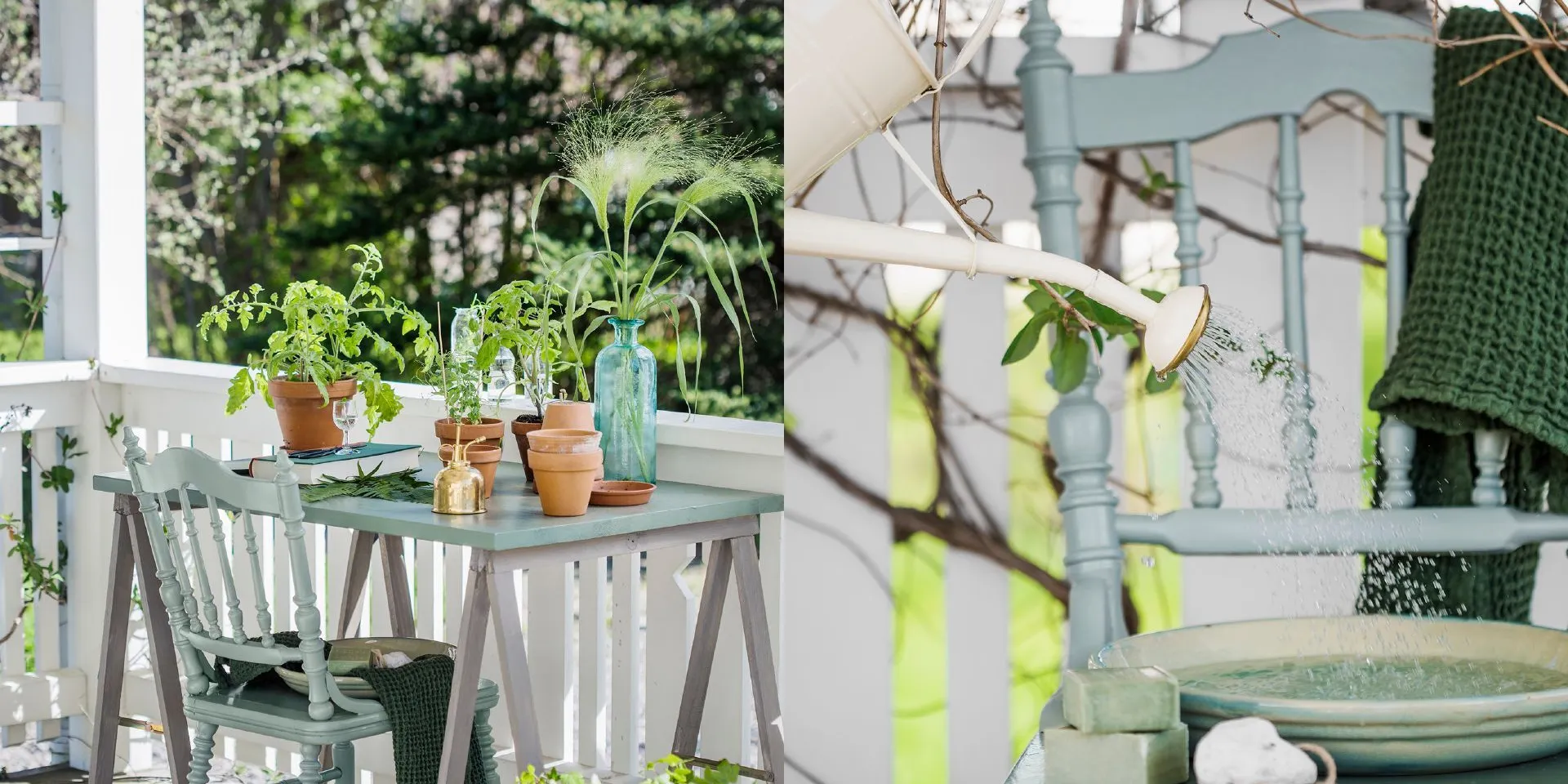 Detaljer från altanen, benbockarna är laserade i fasadlasyren Måseskär, skivan är målad med fönsterfärg i Givakt och stolen i Pluton