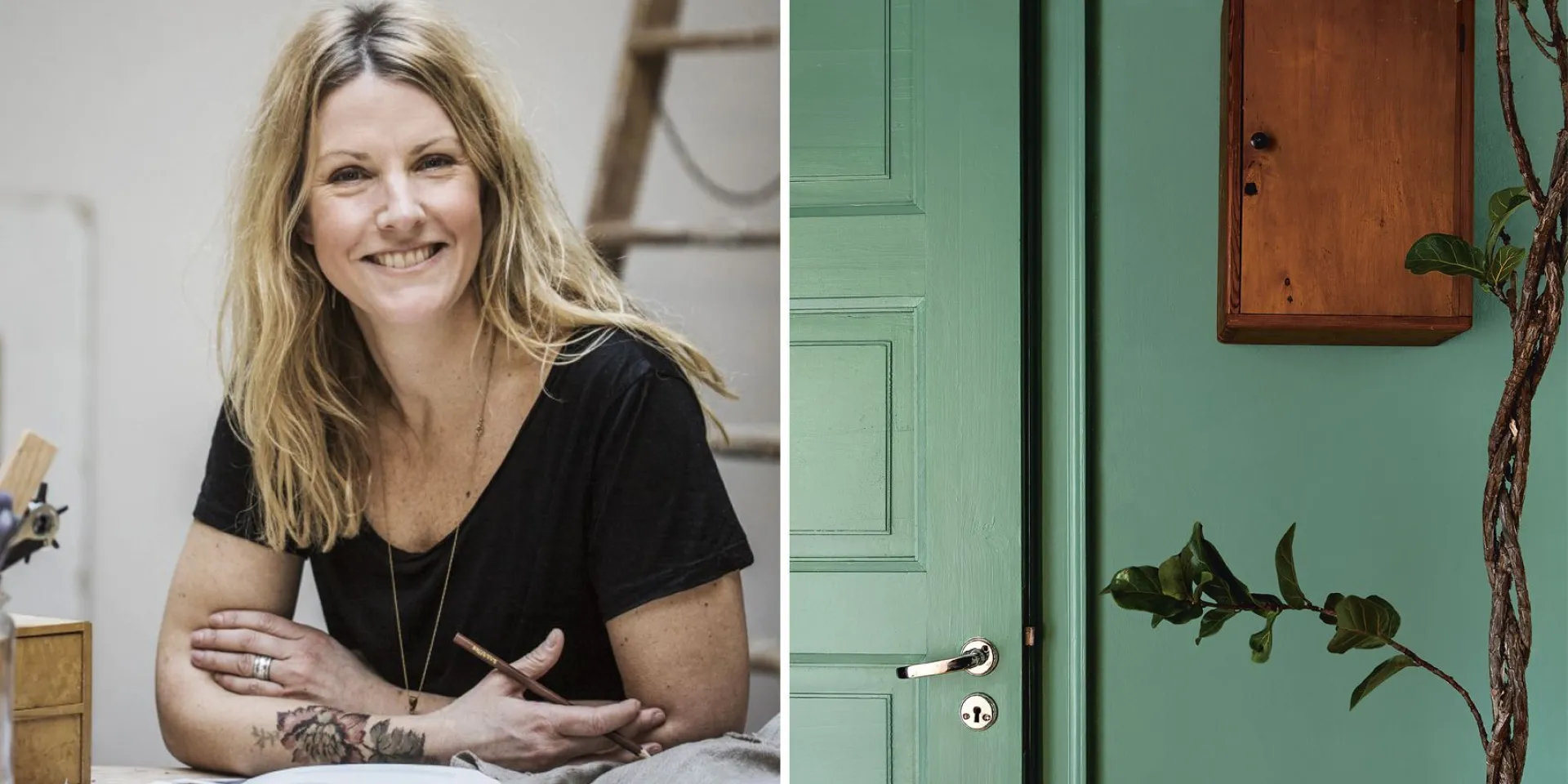 Porträtt av Jill Windahl och en målad inredning i kulören såpa