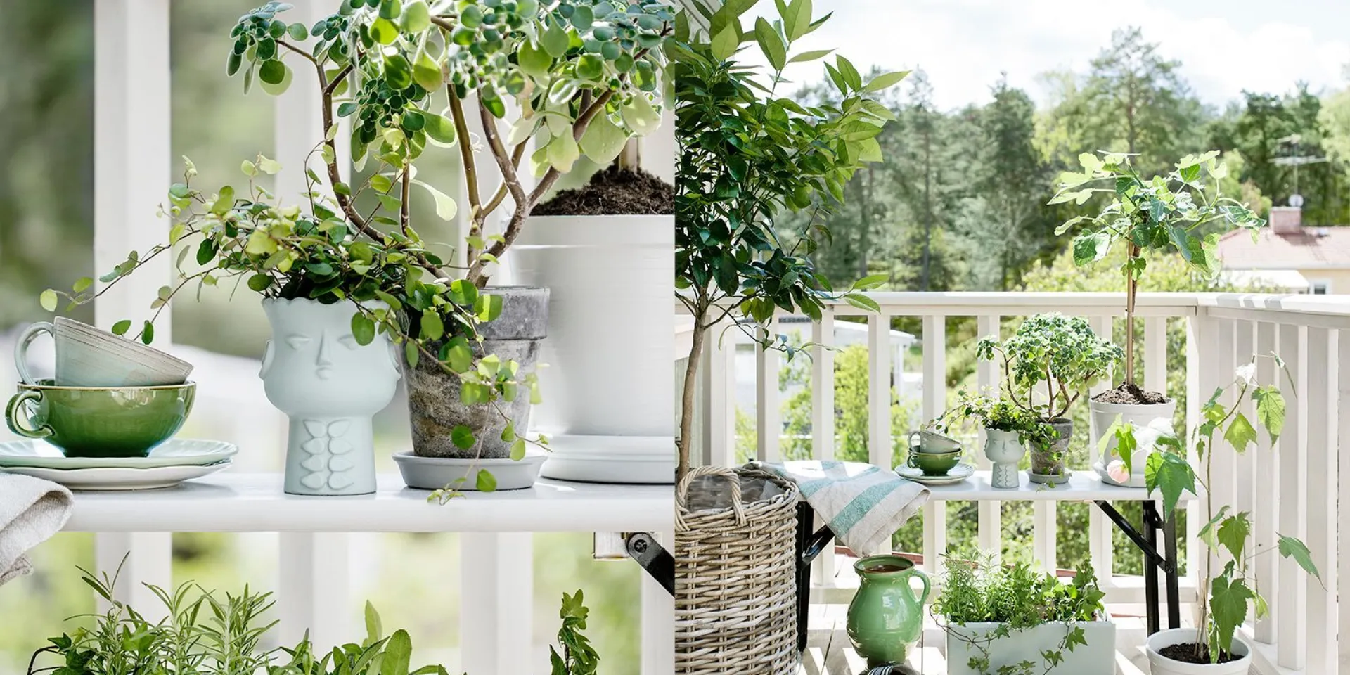 Detaljer från balkongen, lilla krukan med ansiktet och kryddlådan är målade i kulören Butelj, bänken och övriga krukor i Drivved, båda brutna i Bestå fönsterfärg