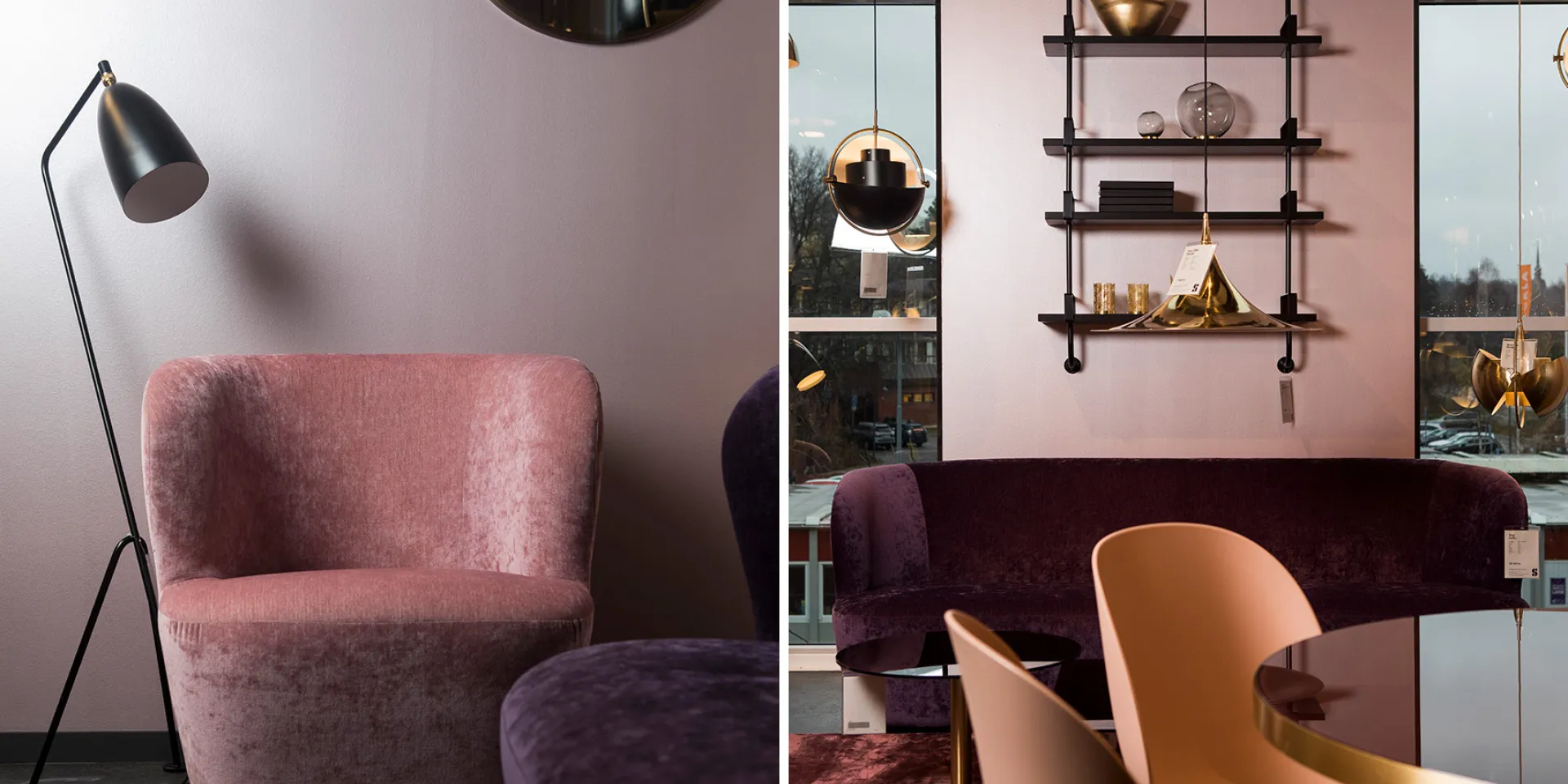 Inspiration från butiken Svenssons i Lammhult i Stockholm, här är väggen målad i rosé pärlemor