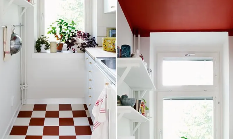 Måla golvet i kulörerna lin och rooster crest, detaljer från köket