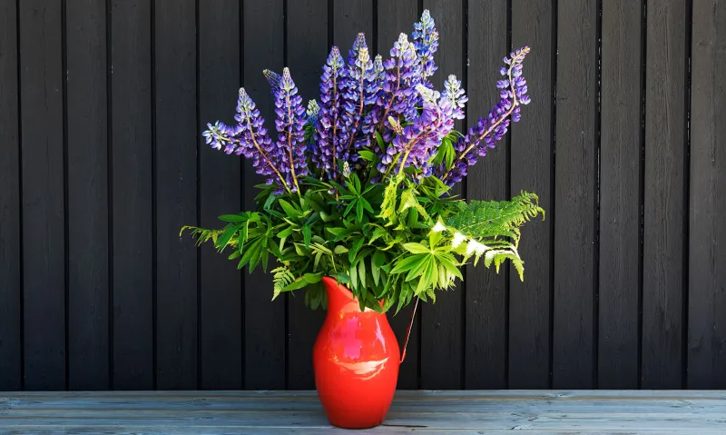 En blombukett framför den svarta träfasaden