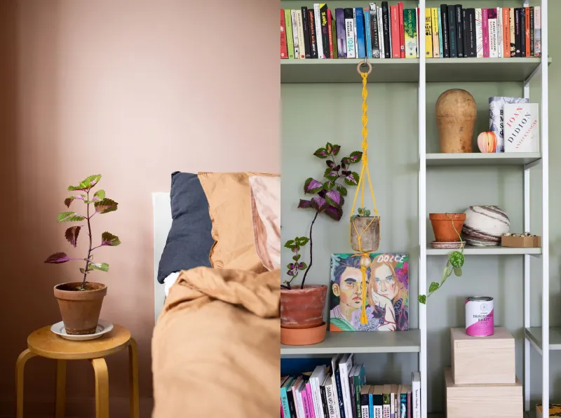 Hemma hos Flora är vardagsrummet målat i Salvia och sovrummet i kulören Old rose