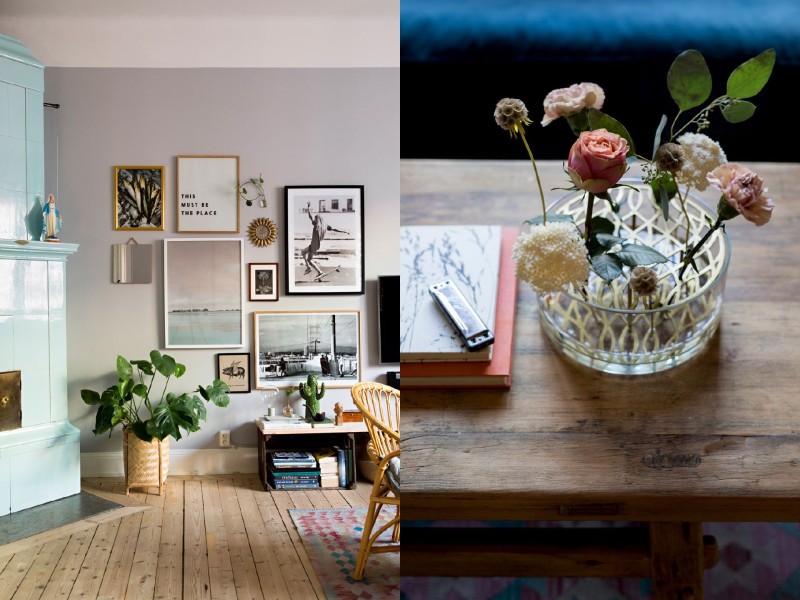 Två detaljer från vardagsrummet med tavelväggen och blommor i fokus