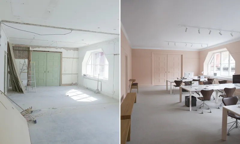 Före och efterbilder på kontorslandskapet som målats i den rosa kulören Pinje från färgtrenden Lemon Crisp från ad.18